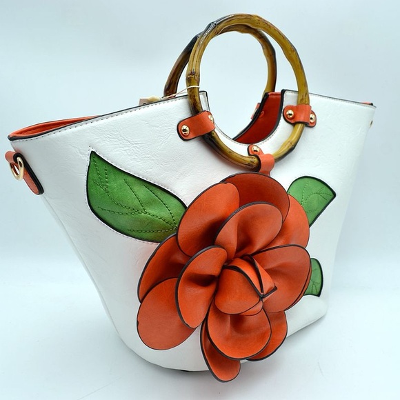 Handbags - White Crossbody Tote Bag with Orange Floral Accent and Bamboo Handles